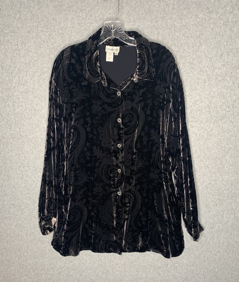 Coldwater Creek Women's XL Black Velvet Paisley Button Front Blouse